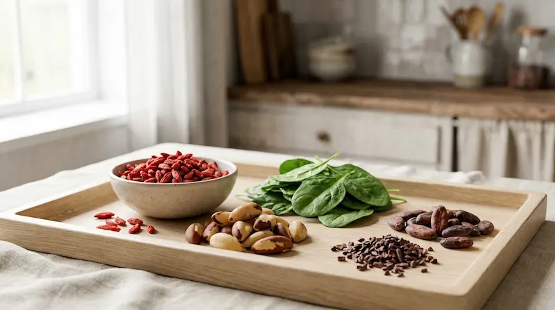 Assiette de super-aliments contenant des noix du Brésil (sélénium), cacao cru (oxyde nitrique) et légumes verts (magnésium) pour Booster sa libido naturellement