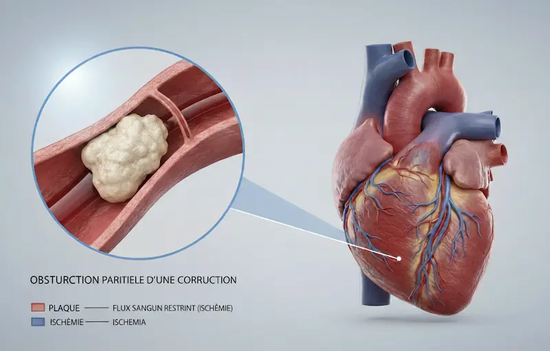 Schéma médical montrant une ischémie myocardique causée par une angine de poitrine