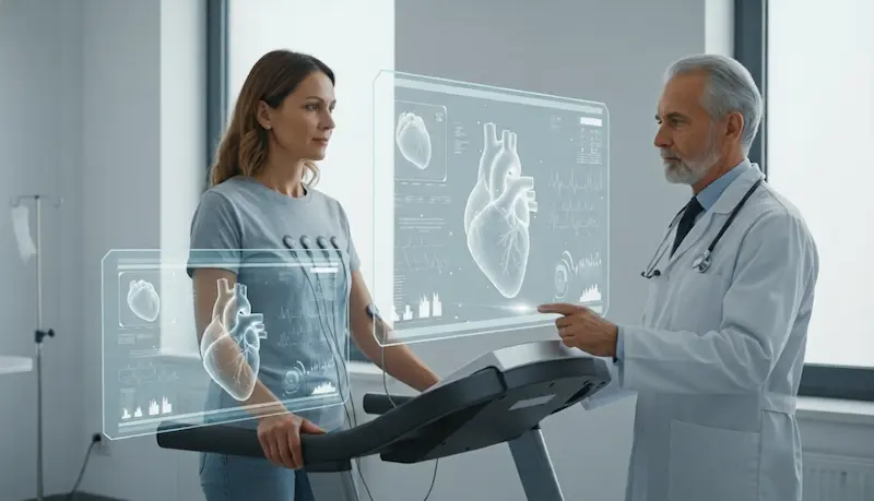 Patiente passant un test d'effort pour diagnostiquer une angine de poitrine en clinique