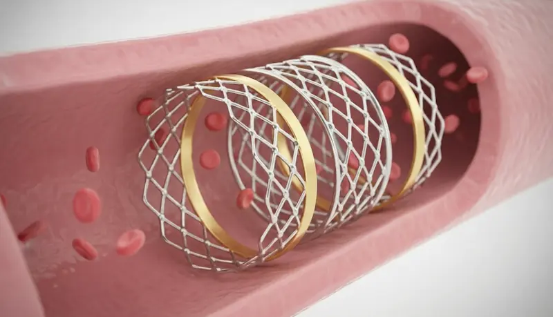 Modèle 3D d'un stent coronaire déployé pour traiter une angine de poitrine sévère
