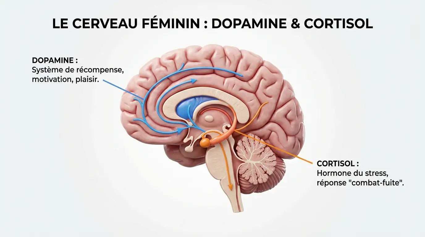 Schéma explicatif montrant comment le stress chronique et le cortisol inhibent la DHEA et la testostérone libre