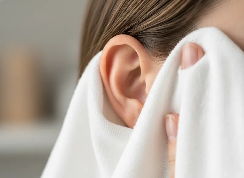 Application sécurisée d'une compresse tiède pour calmer une otite rapidement et réduire la pression