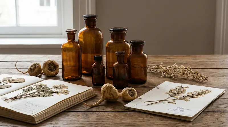 Comparaison visuelle des racines de Maca rouge, Shatavari et gélules d'Ashwagandha titrées à 5% de withanolides