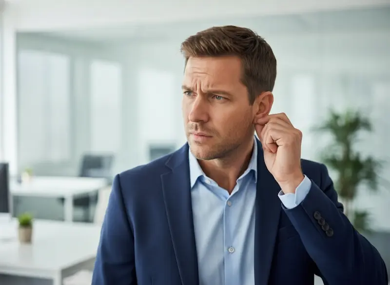 Homme d'affaires se touchant l'oreille, illustrant l'otite séreuse et comment calmer une otite rapidement