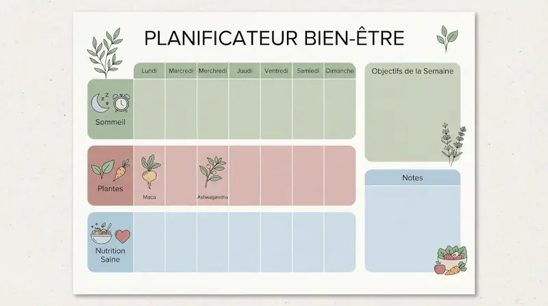 Calendrier de routine bien-être incluant nutrition adaptogène, magnésium et rituels sensoriels