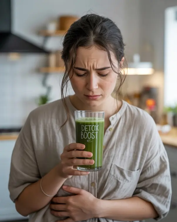 une femme entrain de boire Jus de légumes vert pour éliminer les toxines de son intestin
