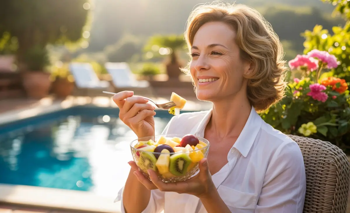 une femme de 40 ans entrain de manger une salade de fruits detoxifiante à base d'ananas kiwi et pruneux