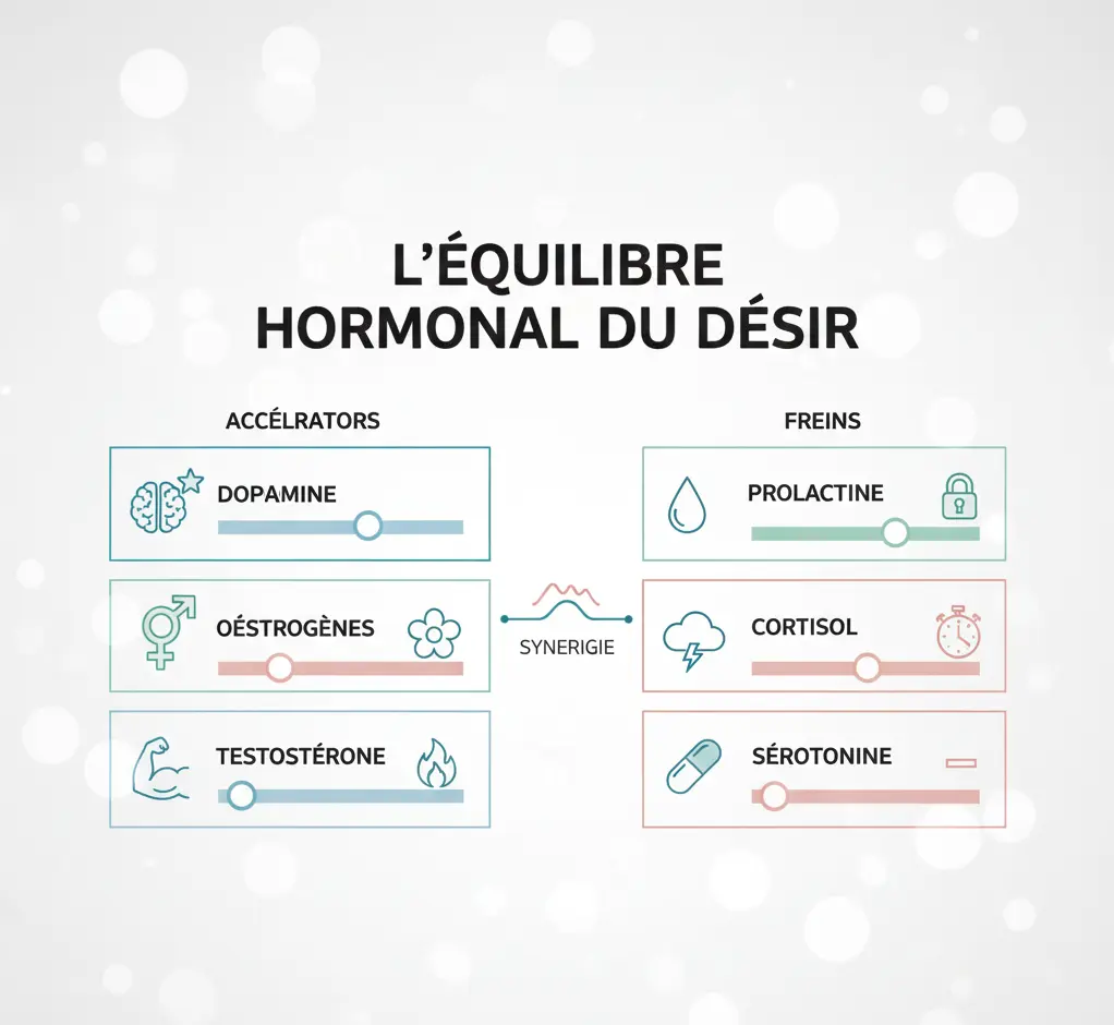 Infographie médicale : L'équilibre hormonal du désir chez la femme, montrant accélérateurs (dopamine, œstrogènes, testostérone) et freins (prolactine, cortisol, sérotonine)