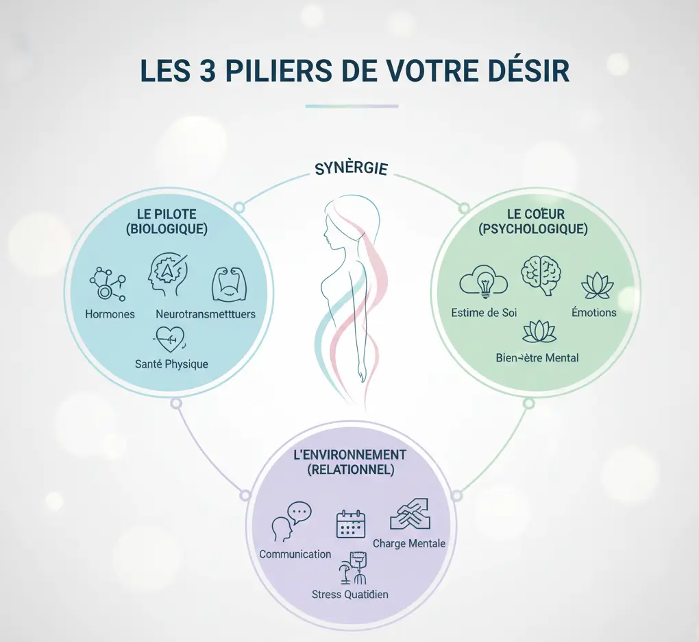 Infographie médicale expliquant les 3 piliers de la libido féminine : facteurs biologiques, psychologiques et relationnels