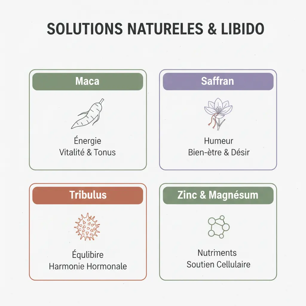 Infographie des solutions naturelles pour la libido féminine : Maca, Safran, Tribulus et nutriments essentiels