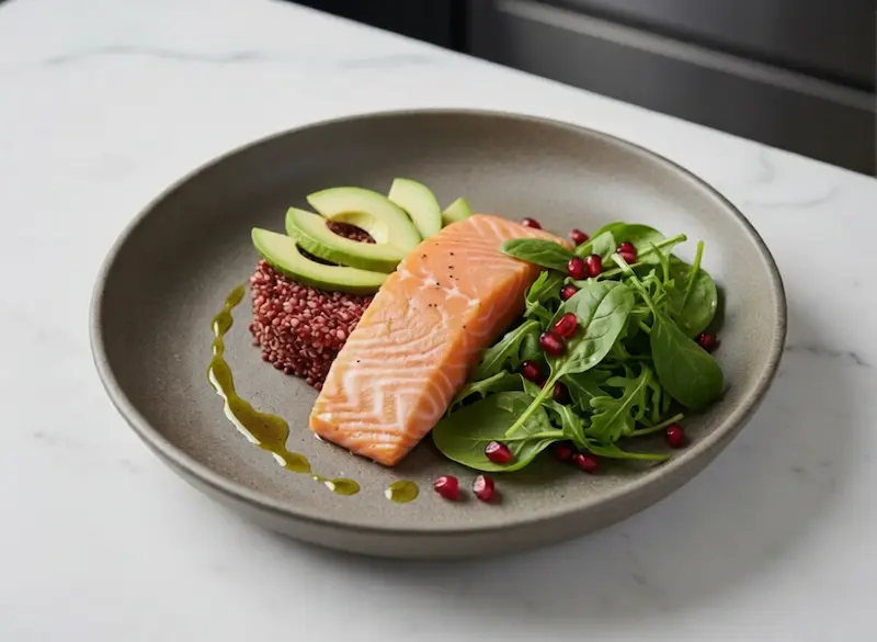 Alimentation Minceur 2026 : L’art de nourrir son métabolisme avec précision Gros plan esthétique sur une assiette composée de saumon sauvage, d'avocat, de quinoa rouge et de pousses vertes épinards, illustrant une alimentation minceur à index glycémique bas