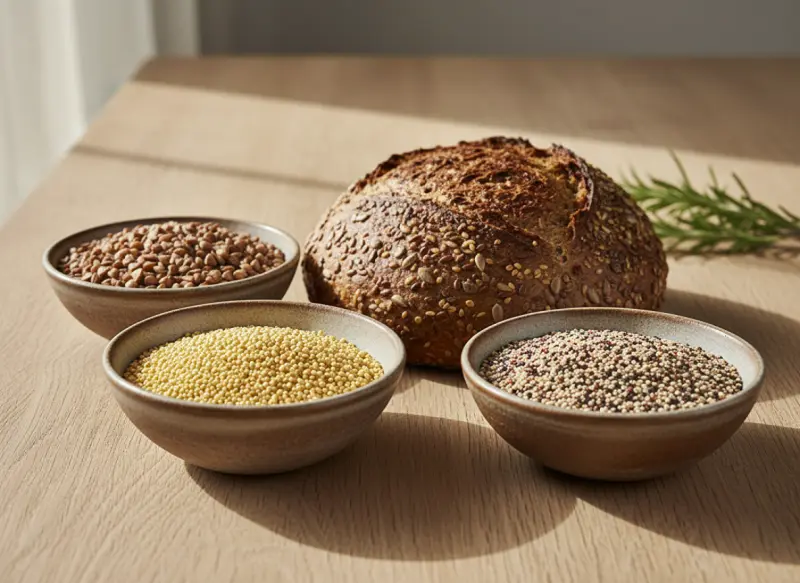 Assortiment de grains entiers naturellement sans gluten (quinoa, riz noir, sarrasin) et pain artisanal à la farine de châtaigne sur un plan de travail fariné, esthétique naturelle