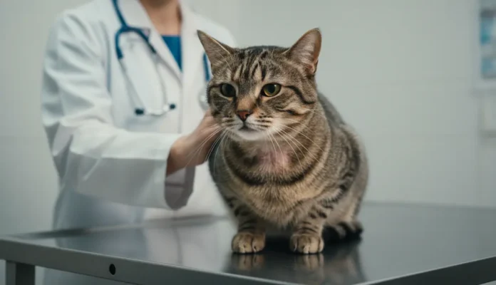 Chat tigré au regard triste avec une perte de poils visible sur le cou, assis sur une table d'examen vétérinaire, illustrant la détresse causée par l'allergie féline