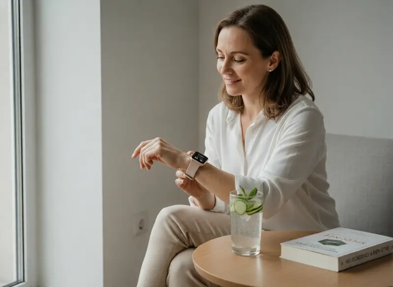 Bio-hacking au Féminin : Optimisez votre Vitalité Quotidienne Une femme sereine consultant sa montre connectée affichant ses données biométriques, illustrant nos astuces santé et protocoles de bio-hacking pour la vitalité quotidienne.