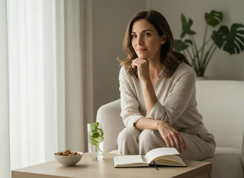 Conseils Minceur 2026 : Optimisation du métabolisme par l’hygiène de vie Une femme sereine dans un intérieur épuré, tenant un verre d'eau infusée et un journal de bord, illustrant les habitudes de vie pour une minceur durable
