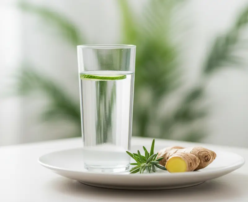 Verre d'eau cristalline infusée au gingembre et citron, posé à côté de racines de curcuma frais et de feuilles de chou kale sur une surface en pierre naturelle, symbolisant la détoxification hépatique