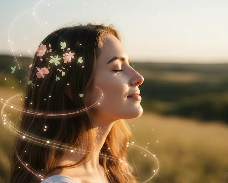 Explorer le Plaisir Féminin et la Libido Positive – FemininSante Photographie artistique et lumineuse montrant le profil d'une femme sereine, les yeux clos, esquissant un sourire apaisé, immergée dans un environnement naturel doux avec des jeux de lumière dorée et des fleurs écloses symbolisant la vitalité et l'épanouissement personnel