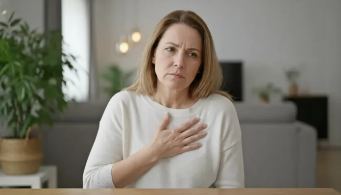 Photographie réaliste d'une femme d'âge moyen posant sa main sur sa poitrine, l'expression inquiète, illustrant une suspicion d'angine de poitrine