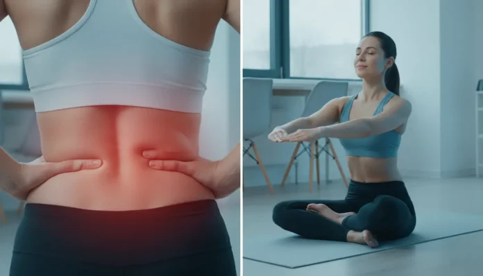 Femme se tenant le bas du dos avec une expression de soulagement suite à un exercice pour soulager la douleur du nerf sciatique