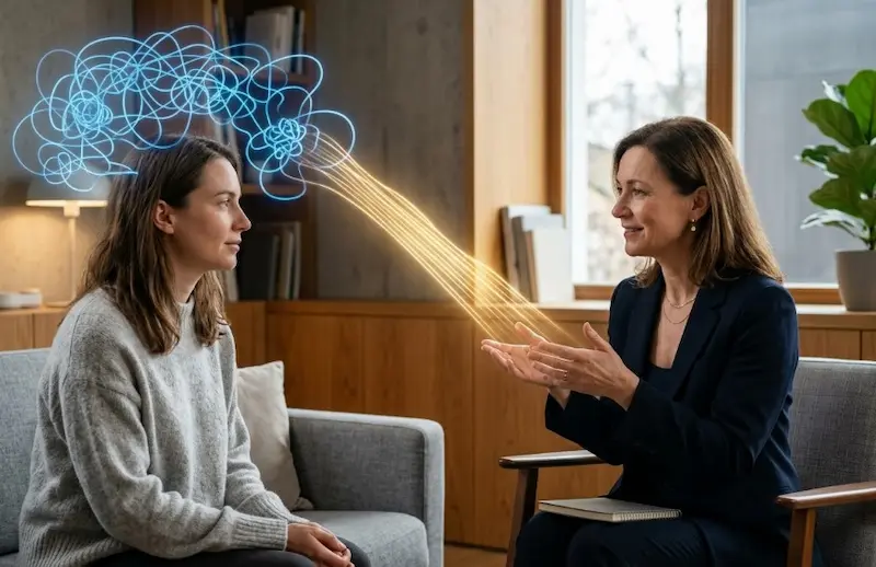 Comprendre la Psychothérapie et les Protocoles de Soins – FemininSante Illustration stylisée montrant le profil d'une femme en conversation avec une thérapeute ; un fil lumineux complexe et emmêlé entrant dans son esprit en ressort sous forme de lignes droites et ordonnées, symbolisant le processus thérapeutique