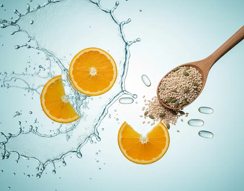 Gros plan artistique de fruits rouges, agrumes coupés et compléments alimentaires naturels, illustrant la biodisponibilité des vitamines pour le métabolisme féminin
