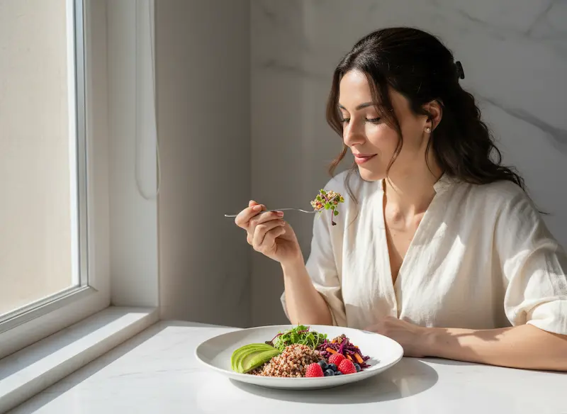 une jeune femme entrain de déguster une Assiette de nutrition fonctionnelle composée de superaliments, graines de chia, avocat et baies, illustrant un équilibre glycémique optimal pour la santé féminine