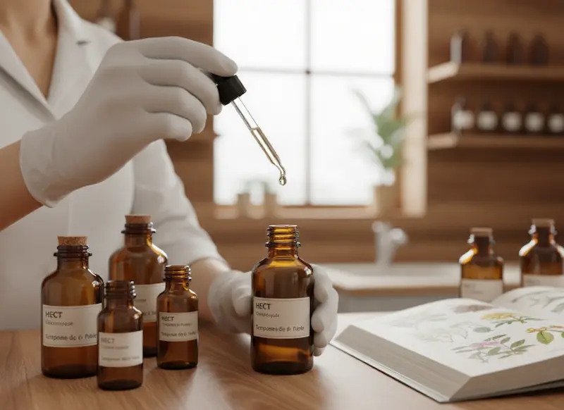 Expertise Huiles Essentielles 2026 PrĂ©paration experte d'une huile essentielle chĂ©motypĂ©e Ă base de molĂ©cules aromatiques et de terpĂšnes pour le bien-ĂȘtre et l'Ă©quilibre psycho-Ă©motionnel, illustration du guide complet de FĂ©minin SantĂ©.