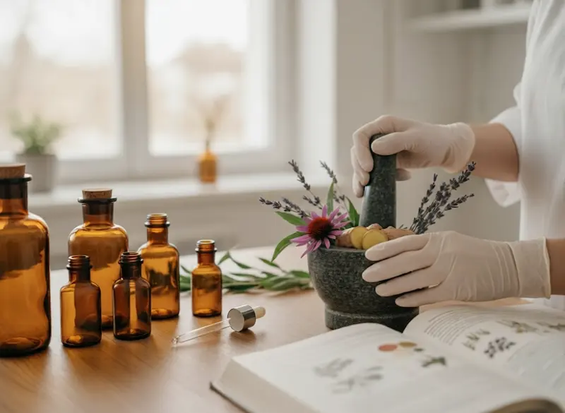 Expertise Plantes MĂ©dicinales 2026 PrĂ©paration experte d'un extrait de plante mĂ©dicinale Ă base de plantes adaptogĂšnes et de flavonoĂŻdes pour le bien-ĂȘtre et l'Ă©quilibre hormonal, illustration du guide complet de FĂ©minin SantĂ©.