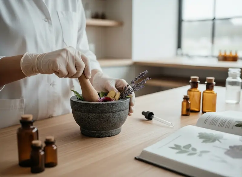 Expertise RemĂšdes Naturels 2026 PrĂ©paration experte d'un remĂšde naturel Ă base de plantes adaptogĂšnes et d'extraits standardisĂ©s pour le bien-ĂȘtre et l'Ă©quilibre hormonal, illustration du guide complet de FĂ©minin SantĂ©