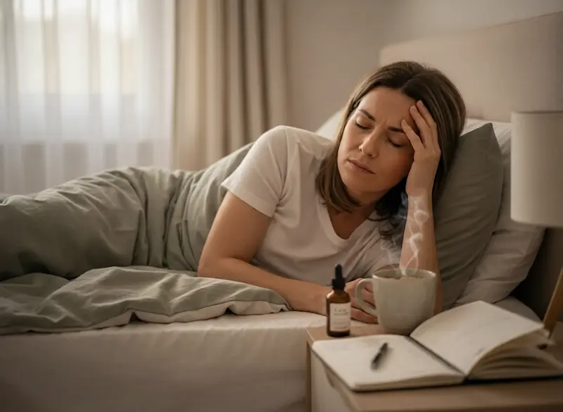 Maladies Courantes : Votre Guide de Prévention Active 2026 Une femme soulageant un mal de tête avec un complexe d'huiles essentielles, illustrant la prise en charge des maladies courantes par la prévention active