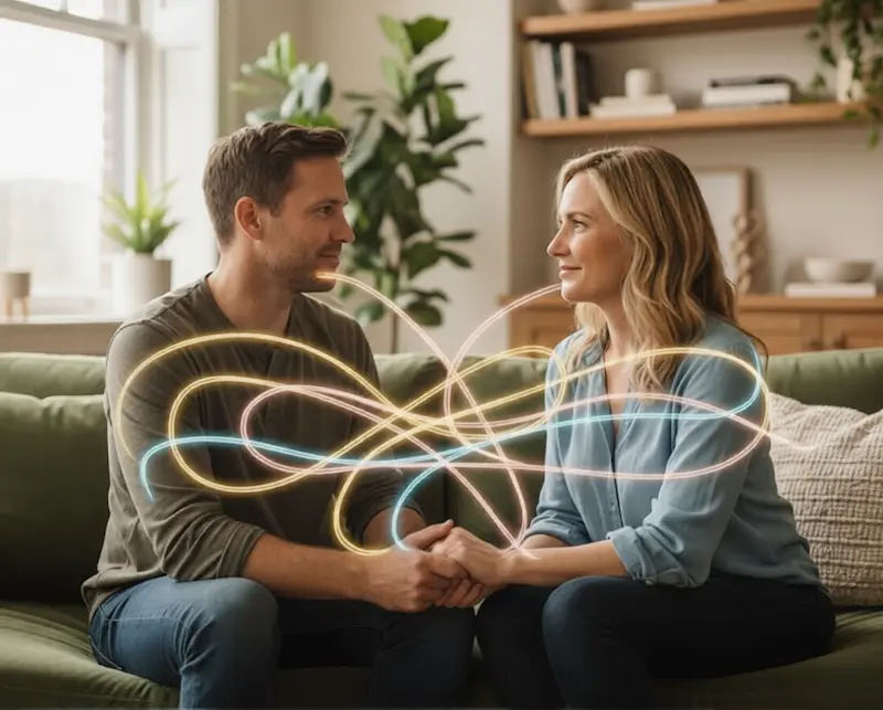 Comprendre la Psychologie du Couple et l’Attachement – FemininSante Illustration stylisée montrant un homme et une femme assis en face à face dans un environnement apaisant, connectés par des fils lumineux abstraits symbolisant la communication et le lien émotionnel