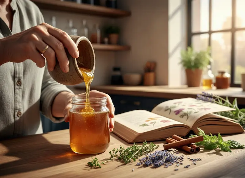 Expertise RemĂšdes de Grand-MĂšre 2026 Mains expertes prĂ©parant un remĂšde naturel traditionnel Ă base de miel bio-actif et de plantes mĂ©dicinales pour le bien-ĂȘtre et la sphĂšre digestive, illustration du guide complet de FĂ©minin SantĂ©