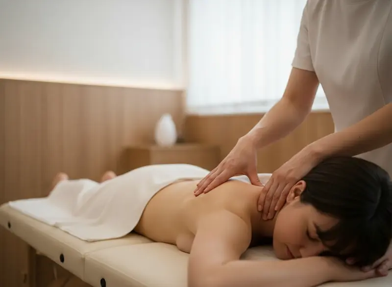 Expertise Thérapies Manuelles 2026 Praticien expert effectuant une manipulation de thérapie manuelle sur une patiente pour soulager les tensions musculaires du dos et du cou, illustration du guide complet de Féminin Santé