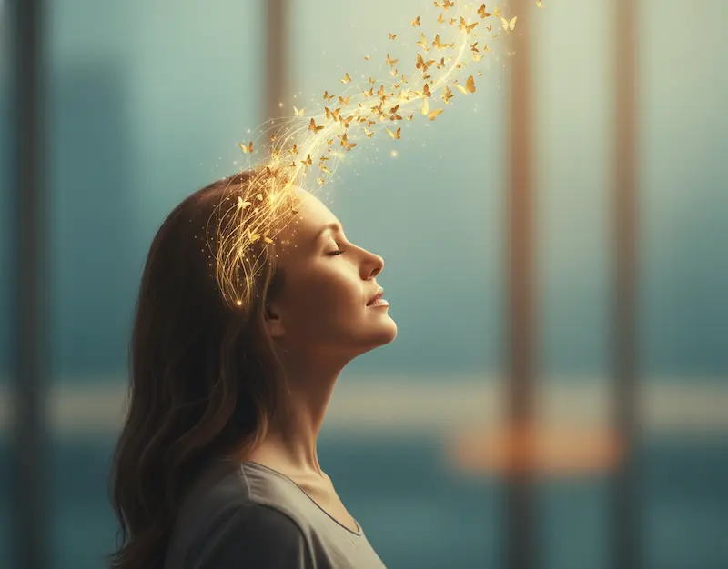 Sevrage Neurologique : Retrouver la Clarté Mentale Naturellement Portrait apaisé d'une femme en pleine renaissance, symbolisant le succès d'un sevrage neurologique et naturel face aux addictions.