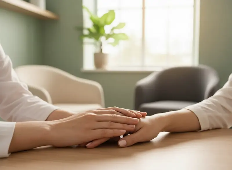 Comprendre et Traiter les Dysfonctions Sexuelles – FemininSante Deux mains posées délicatement l'une sur l'autre sur un bureau de consultation, avec un stéthoscope ou un carnet de notes médical en arrière-plan flou, symbolisant l'écoute, le soin et la prise en charge des troubles sexuels