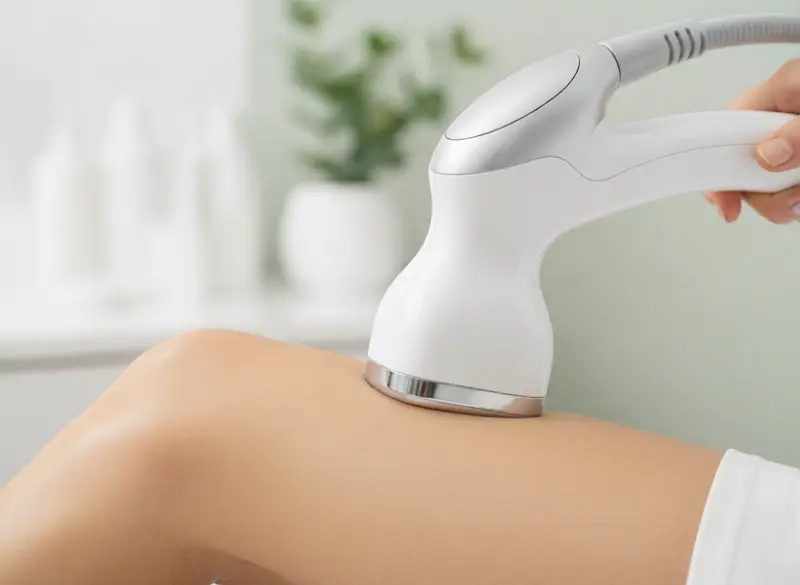 Solutions Anti-Cellulite 2026 : L’approche technologique et scientifique Gros plan esthétique sur une pièce à main de dispositif de médecine esthétique moderne agissant sur la texture de la peau, symbolisant un traitement anti-cellulite de pointe