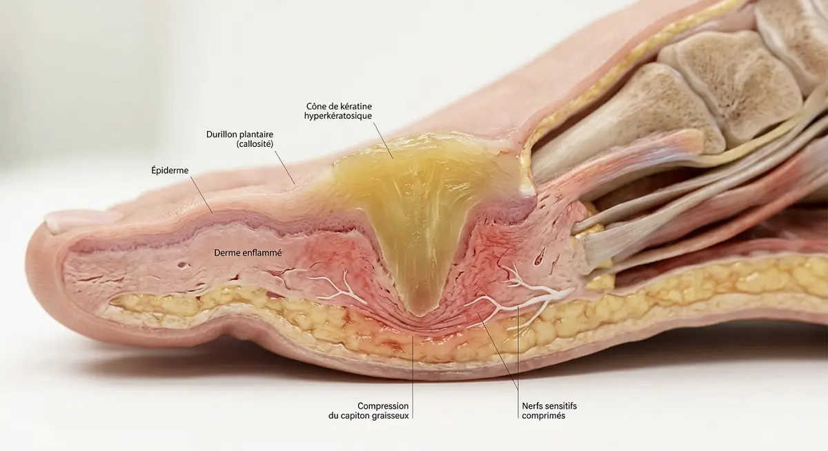 Schéma anatomique montrant la pression excessive causant un durillon plantaire douloureux sous le pied