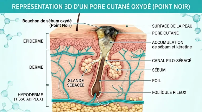 Schéma dermatologique expliquant comment enlever les points noirs en comprenant l'oxydation du sébum