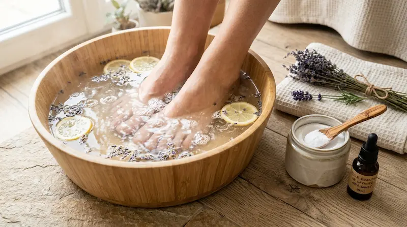 Pieds dans une bassine d'eau avec du bicarbonate pour adoucir un durillon plantaire douloureux