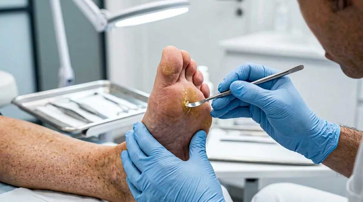 Podologue utilisant des instruments stériles pour retirer un durillon plantaire douloureux