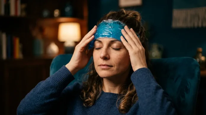 Femme apaisée appliquant une compresse fraîche sur ses yeux dans la pénombre pour soulager une migraine ophtalmique