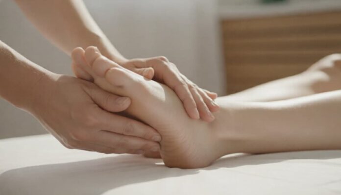 Femme massant doucement un durillon plantaire douloureux sous le pied pour soulager la pression métatarsienne