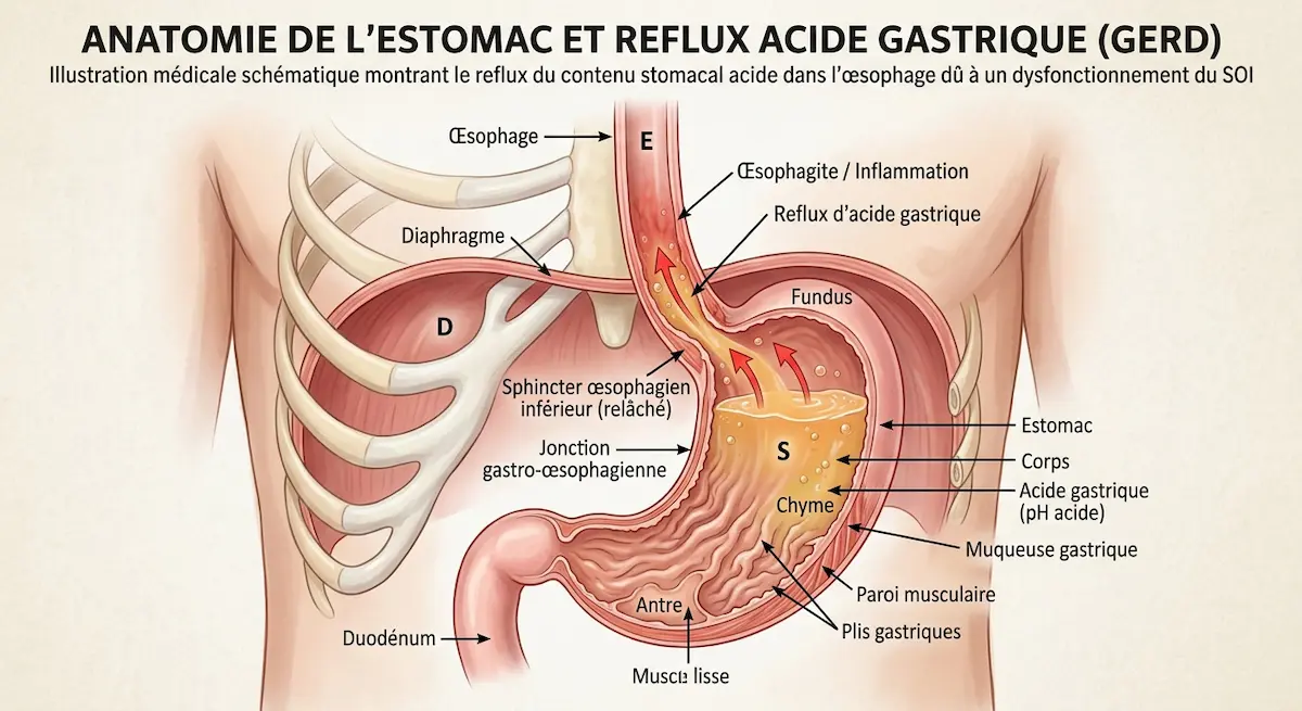Schéma anatomique du sphincter œsophagien expliquant comment calmer les brûlures d'estomac rapidement