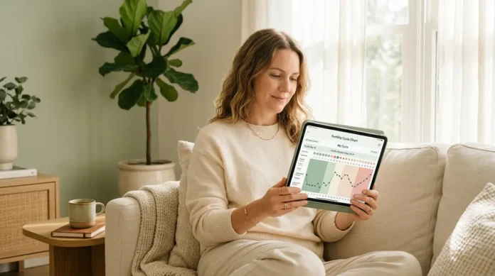 Une femme sereine consultant son calendrier de fertilité, symbolisant la conception naturelle et rapide