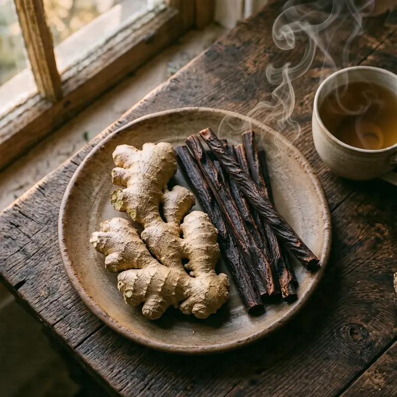 Infusion de gingembre et racines de réglisse pour calmer les brûlures d'estomac rapidement