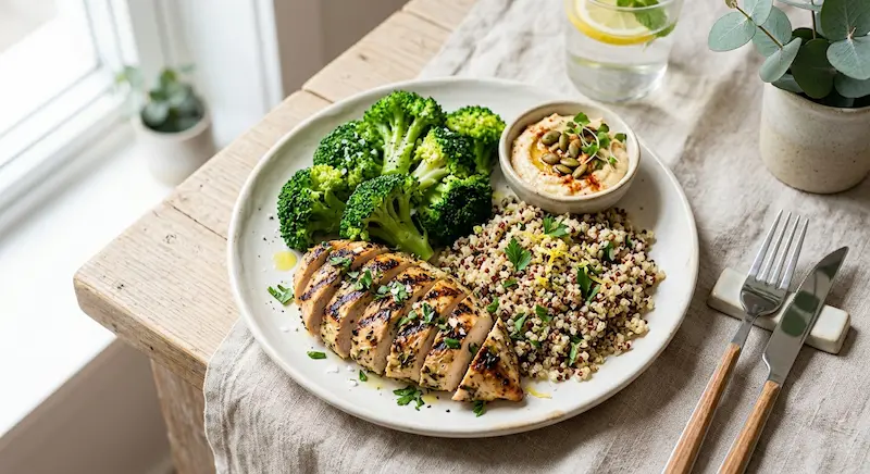 Assiette de légumes verts et quinoa permettant de calmer les brûlures d'estomac rapidement