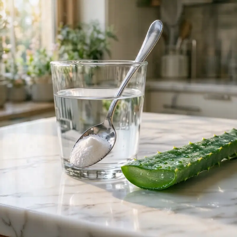 Préparation d'un verre d'eau au bicarbonate pour calmer les brûlures d'estomac rapidement