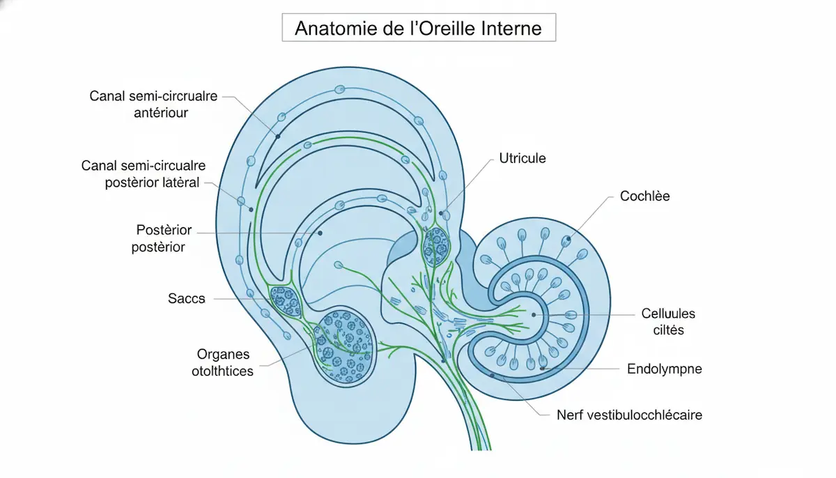 Schéma anatomique détaillé de l'oreille interne montrant les canaux semi-circulaires et le système vestibulaire responsables des troubles de l'équilibre et vertiges - illustration médicale éducative