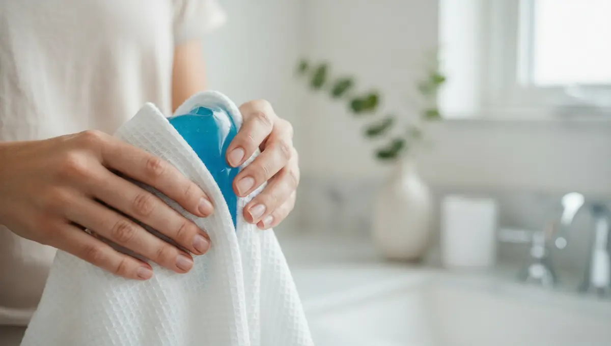 Main propre enveloppant délicatement une poche de gel thermique dans un linge en coton pour un soin à la maison