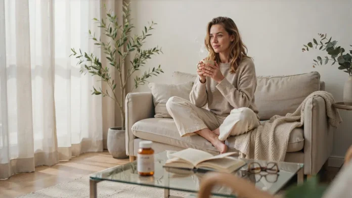 Une femme assise confortablement sur un canapé, buvant une tisane apaisante, illustrant le soulagement d'une crise d'hémorroïdes externes grâce à des remèdes naturels
